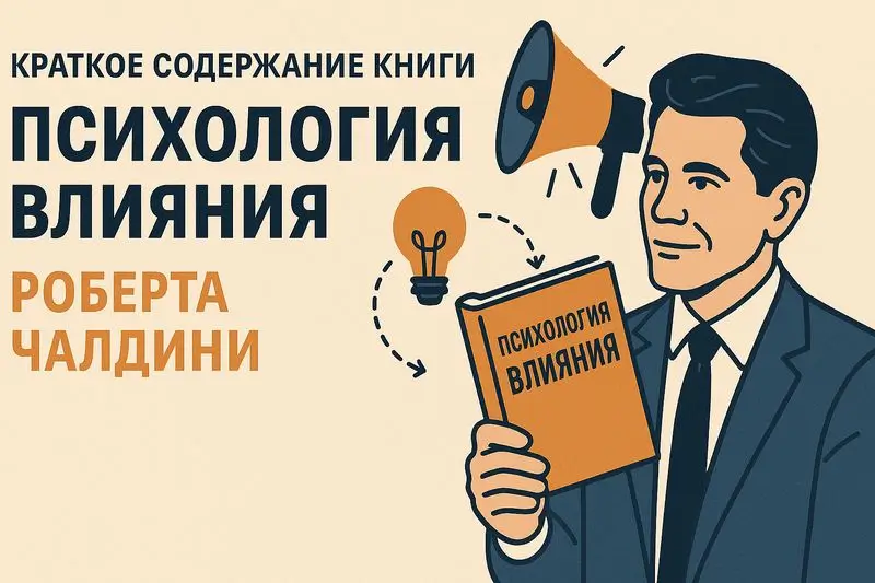 Краткое содержание книги «Психология влияния» Роберта Чалдини — иллюстрация с автором, книгой и символами влияния.